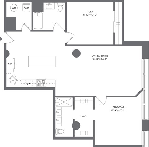 Floor plan for 1 bed, 2 baths, 1265 sqft